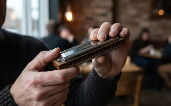 Middle-aged man holding a harmonica in his hands inside a cozy cafe, music and hobby concept