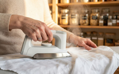 Fototapeta premium Woman using modern steam iron on white linen shirt at home household chore concept