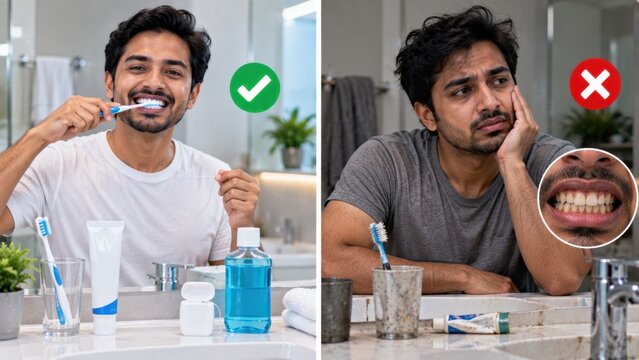 Man brushing teeth properly with floss versus neglectful dental care showing consequence.