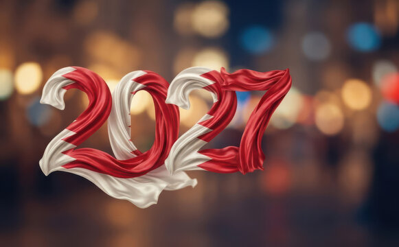 Bahrain 2027 year celebration concept with national flag silk typography and bokeh background