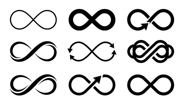 Minimalist infinity symbol variations in monochrome line art with clean white background