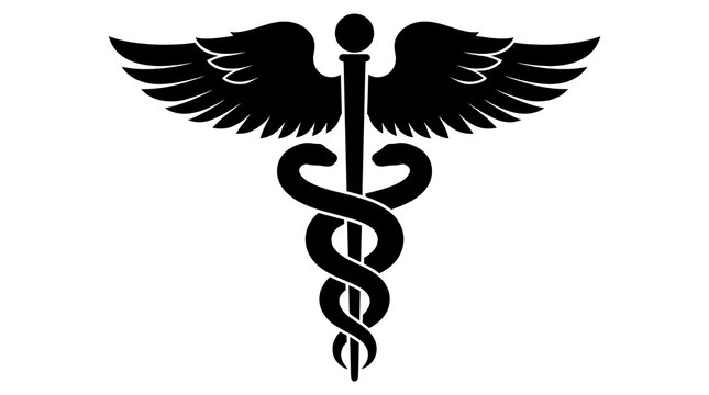 Medical caduceus symbol with wings and staff featuring snake emblem in monochrome vector style