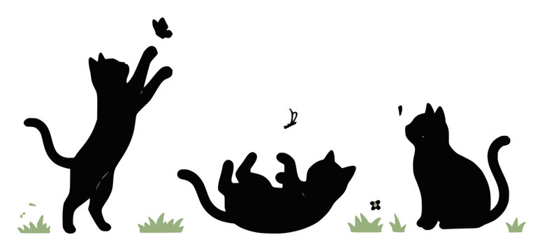 Cats interacting with butterflies set with simple line art design featuring simple design, minimalist, black and white with illustrations and graphics
