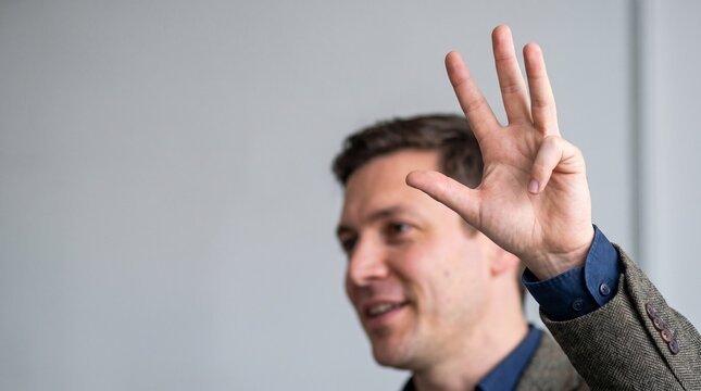 数字の4を手で示しながらセミナーや授業でポイントを解説するスーツの男性