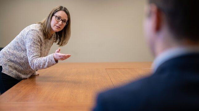 両手のひらを上に向けて丁寧に説明する人物とビジネス相談