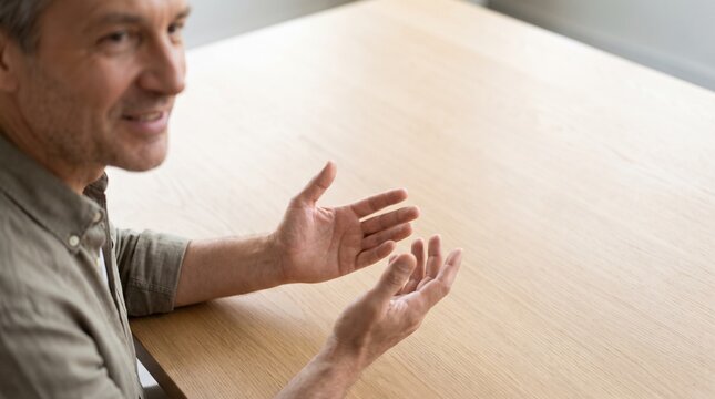 両手を広げて丁寧に説明する人物とビジネス相談のジェスチャー