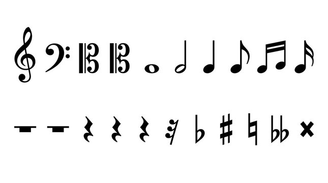 Musical notation sheet displaying bass clef notes, sharps, flats, and natural symbols for sheet music design