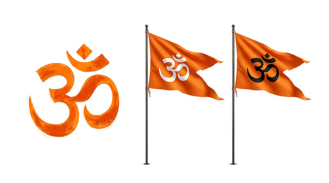 Om symbol and orange saffron flags with 36 symbol representing spiritual and cultural heritage