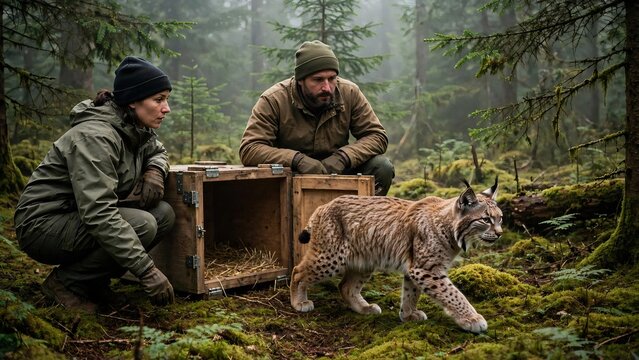 Two wildlife biologists carefully releasing a Eurasian lynx from a wooden transport crate into its natural misty mossy forest habitat as part of a nature conservation and rewilding project