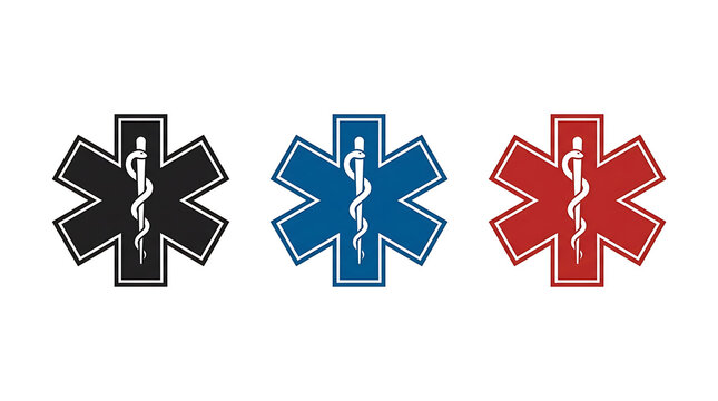 Medical emergency symbols in black, blue, and red star-of-life designs with clean white background