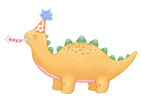 un lindo dinosaurio amarillo soplando un silbato de cumplea&ntilde;os llevando puesto un gorrito de fiesta