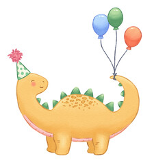 un lindo dinosaurio amarillo llevando puesto un gorro de cumpleaños y globos de colores © ximoory