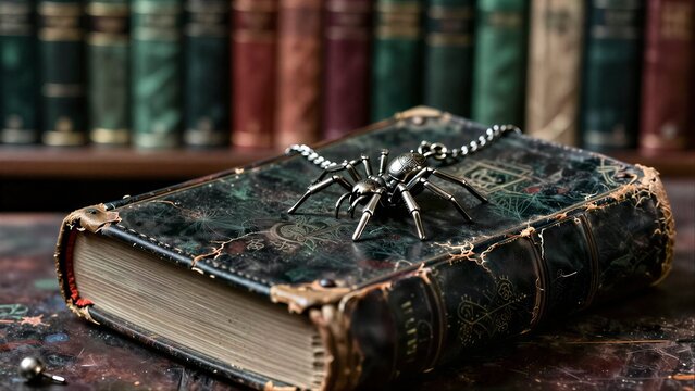 Metal spider pendant rests on ancient, leather-bound book atop a dusty library shelf.