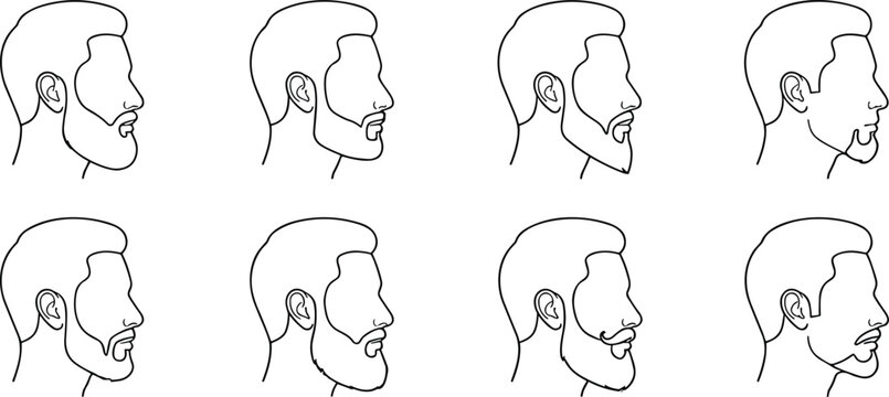 Black and white line art vector set of male profiles showing various beard and mustache styles