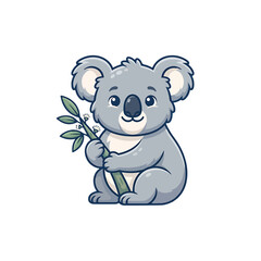 Obraz premium Cute cartoon koala bear character holding a green eucalyptus branch isolated on white background.
