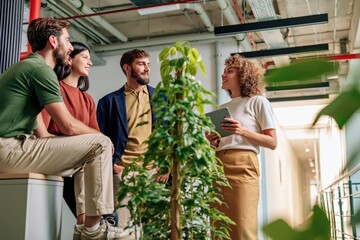 Obraz premium Team work and collaboration of young diverse professional colleagues in a modern corporate office workspace meeting