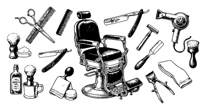 Classic barber tools illustration set with simple line art design featuring line art, illustrations, graphic resources with vector and design elements