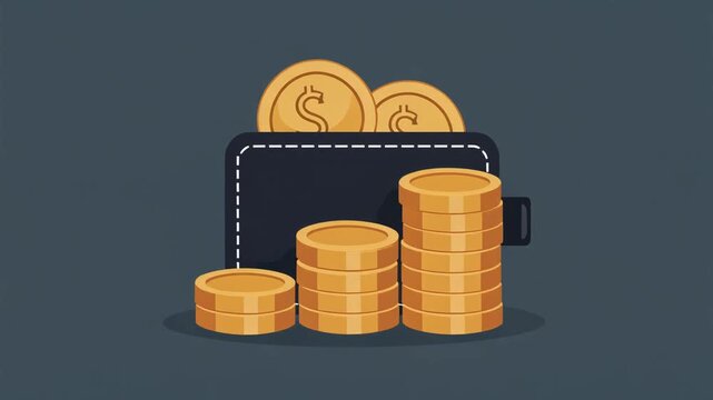 A flat vector illustration depicts a black wallet filled with stacks of gold coins.