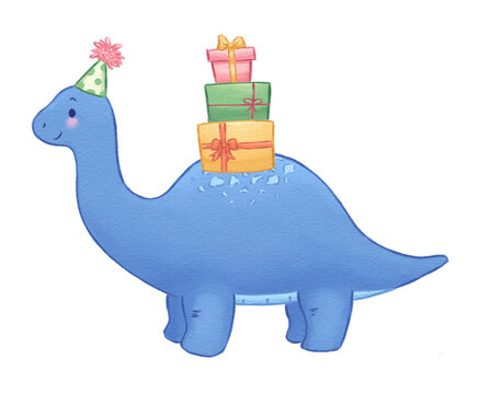 un lindo dinosaurio con llevando puesto un gorrito de cumplea&ntilde;os y regalos en su lomo