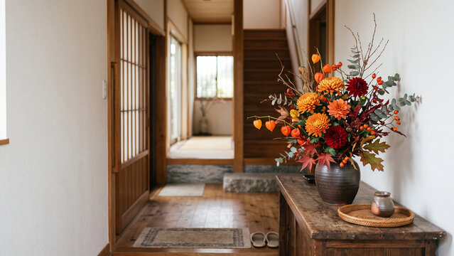 Autumn floral arrangement in a traditional Japanese home entrance