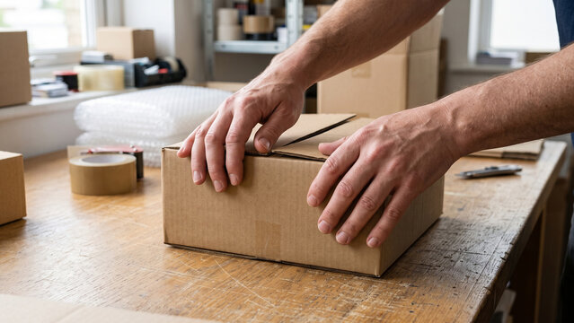 Hands sealing a cardboard box on a wooden workbench in a packing area