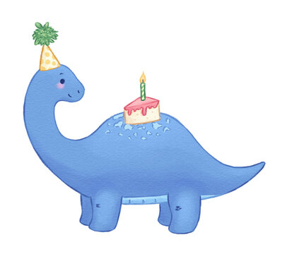 un lindo dinosaurio azul con un pedazo de pastel en su lomo y un llevando puesto un gorro de cumplea&ntilde;os 