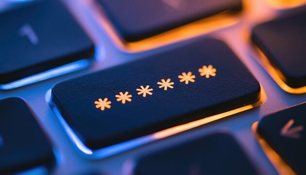 Password hidden behind six asterisks on a computer keyboard for digital security access and internet data privacy