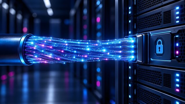 Cybersecurity concept with a fiber optic cable plugging into a secure server rack port with padlock icon