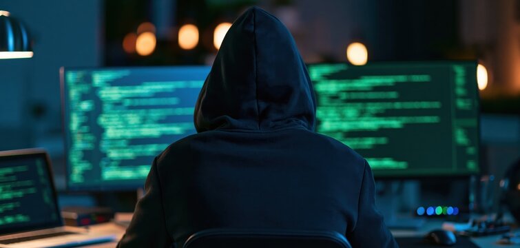 Hacker in a hoodie working on computer monitors with green programming code for cybersecurity and software development
