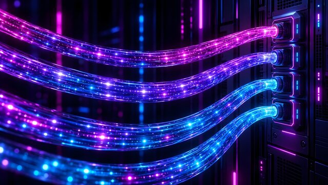 Server rack in a data center with multiple thick glowing fiber optic cables representing telecommunications infrastructure