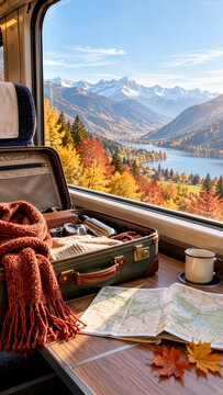 Autumn train journey with suitcase, scarf, map, coffee, camera, colorful forest, lake, and snowy mountains.
