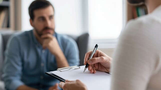 Counseling session with a professional therapist providing mental health advice to a patient during a therapy talk