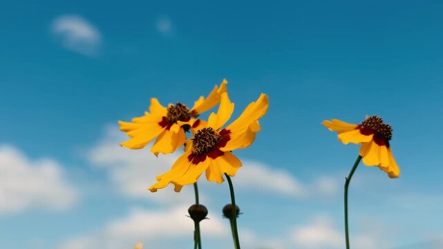 yellow flowers of plains coreopsis on blue sky background