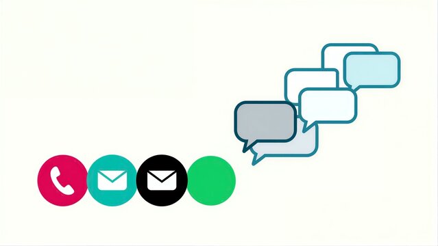 Communication icons: phone, email, chat bubbles. Simple design with colorful symbols.
