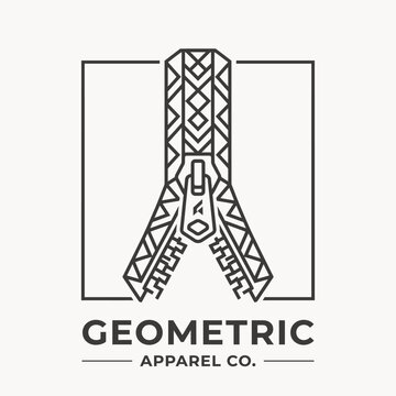 Minimalist linear zipper logo design for a modern clothing company featuring a stylized slider and geometric pattern outline