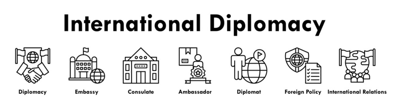 International Diplomacy banner web icon illustration concept with icon of diplomacy, embassy, consulate, ambassador, diplomat, foreign policy, and international relations