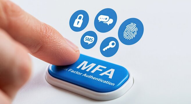 Authentication finger pressing mfa button for cybersecurity and data protection with digital identity security access