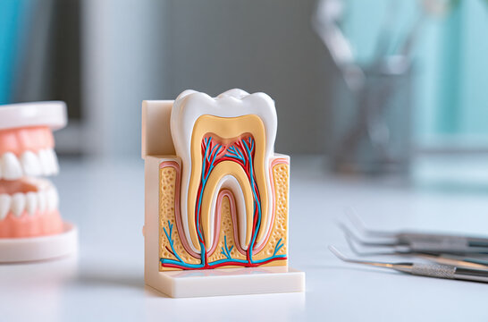 Cross Section Model Of Human Tooth Anatomy Displayed On Dentist Table With Tools