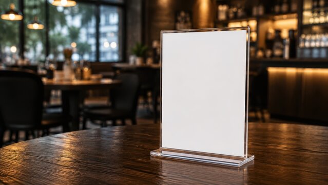 Blank acrylic menu stand on polished wooden restaurant table