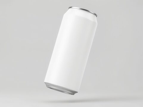 Blank white aluminum beverage can mockup floating on light grey background