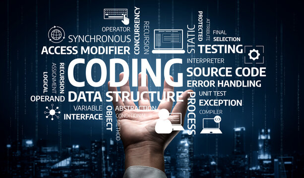 A conceptual image depicting a hand reaching out with coding and software terms, illustrating the dynamic nature of programming and technology in a digital landscape. Tessel