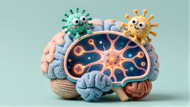 Cute virus characters playfully interact with a whimsical, glowing brain model.