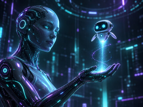 AI generated futuristic humanoid robot holding small flying assistant above its hand glowing digital connection neon technology environment