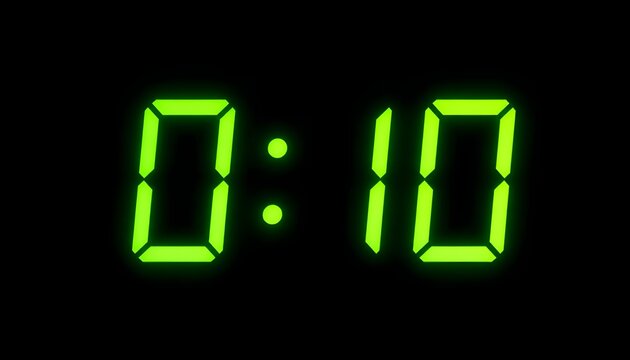 Digital Green LED Clock Display Showing 0:10 Countdown on Black Background