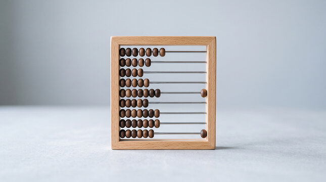 Wooden abacus with calculation beads on desk, finance and math concept