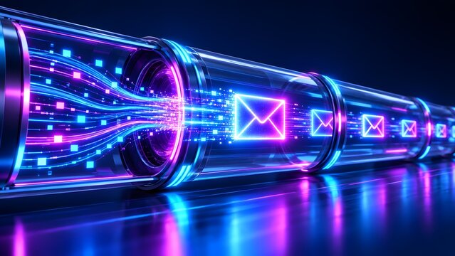 High speed digital email transfer with glowing envelope icons moving through neon data tunnel
