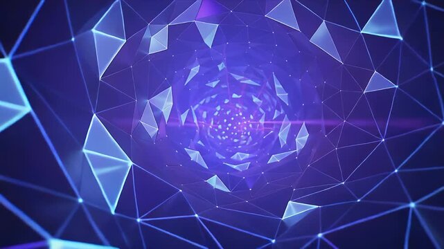 Abstract Blue Polygon Tunnel with Glowing Network Line Patterns, Crystal Shard Geometry, Futuristic Digital Vortex, Vibrant Violet Technology Background, and Immersive Depth Effect