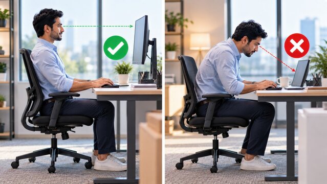 Professional man demonstrating proper eye level with a computer monitor for ergonomic health.