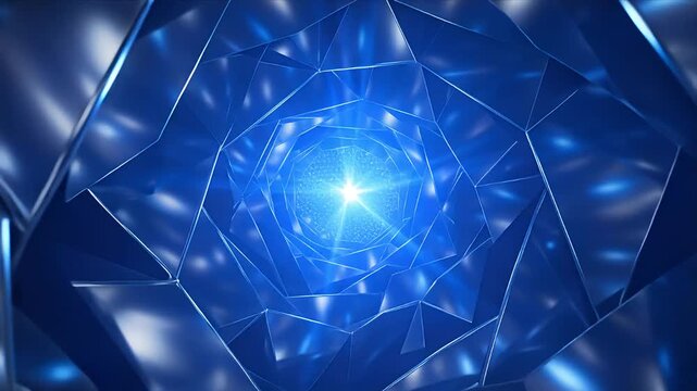 Abstract Blue Geometric Tunnel with Radiant Central Light, Fractured Glass Texture, Crystalline Reflections, Futuristic Depth, Digital Transformation, Motion, and Creative Technology Background