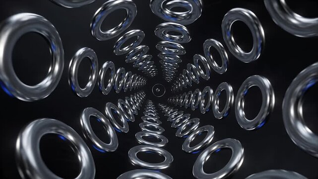Abstract Metallic Torus Tunnel With Reflective Chrome Surface, Hypnotic Spiral Illusion Through Dark Space, Futuristic Depth, Symmetry, Motion Design, Digital Background